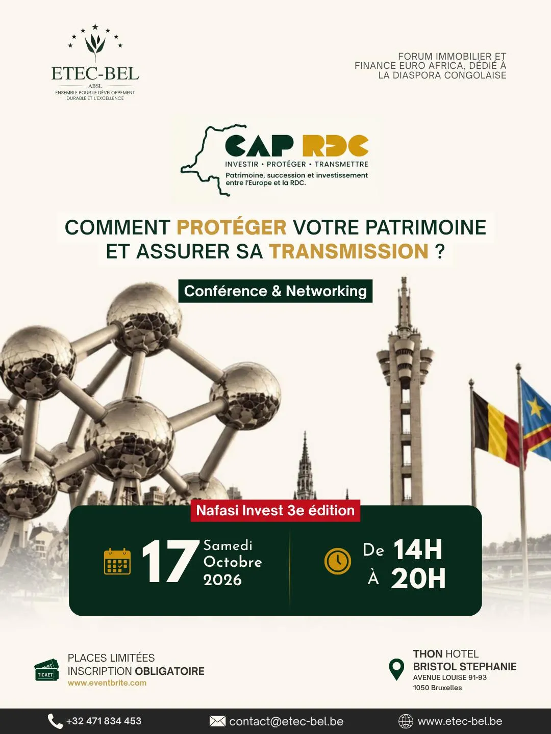 Affiche de la conférence CAP RDC « Comment protéger votre patrimoine et assurer sa transmission ? », Nafasi Invest 3e édition, samedi 17 octobre 2026 de 14h à 20h au Thon Hotel Bristol Stephanie, Bruxelles.